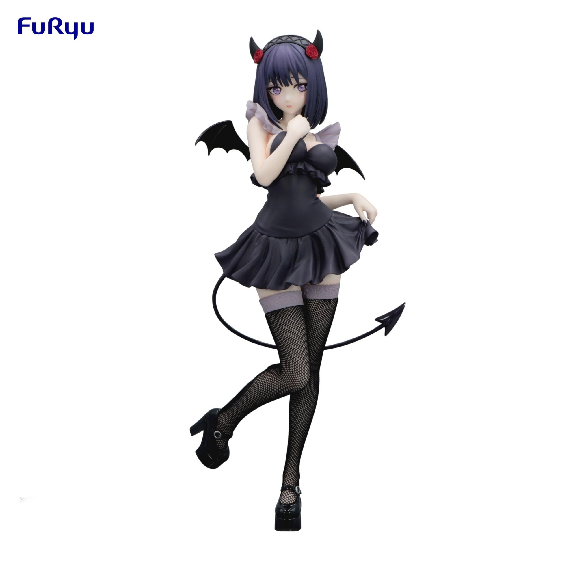 Official FuRyu My Dress-Up Darling Marin Kitagawa Shizuku Kuroe BiCute Dark figure in detailed cosplay outfit with fabric fishnet stockings.